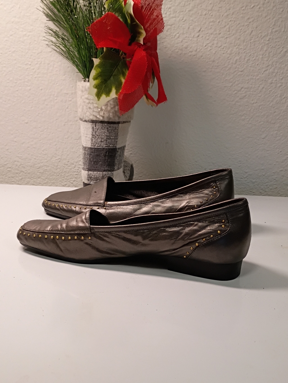 Women's Metallic Gray Studded Slip-On Loafers